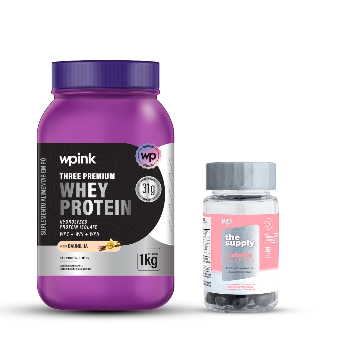 Three Premium Whey Protein Baunilha WP – 1 KG + cabelos e unhas X