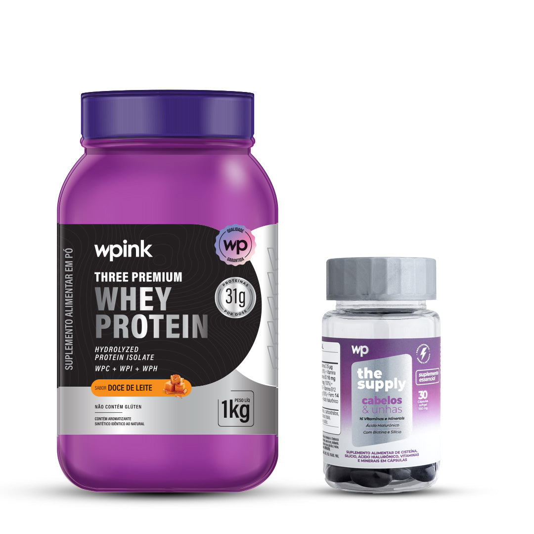 Three Premium Whey Protein Doce de Leite WP – 1 KG  + cabelos e unhas