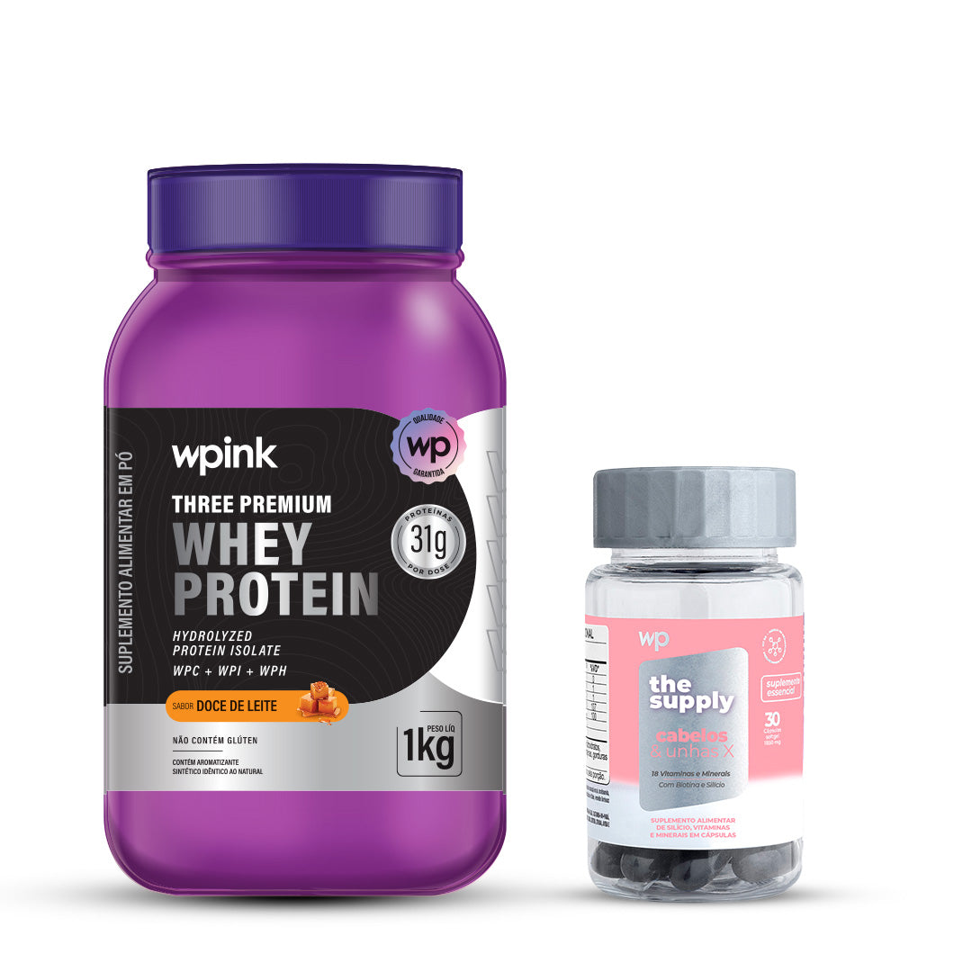 Three Premium Whey Protein Doce de Leite WP – 1 KG  + cabelos e unhas X